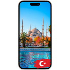 Smartphone showing Turkish mosque with eSIMAllo logo, promoting eSIM data plans for Turkey.