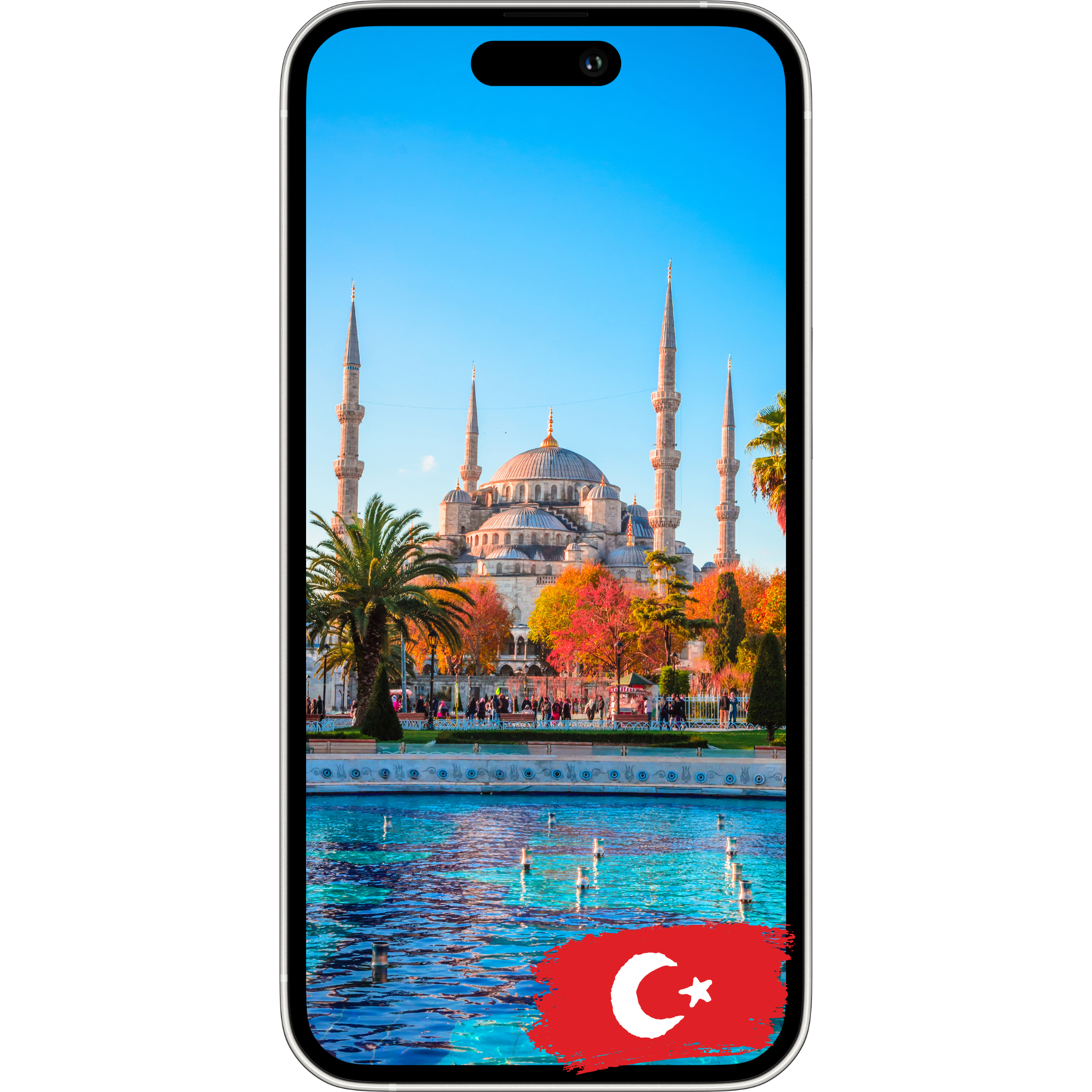 Smartphone showing Turkish mosque with eSIMAllo logo, promoting eSIM data plans for Turkey.